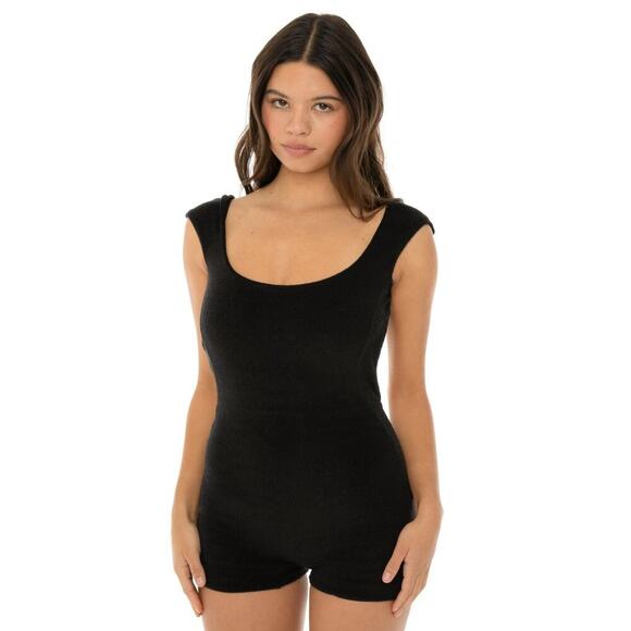 Are You Am I One Piece Romper Black Stretch Fitted Knit Shorts Sleeve Size M - Picture 1 of 13